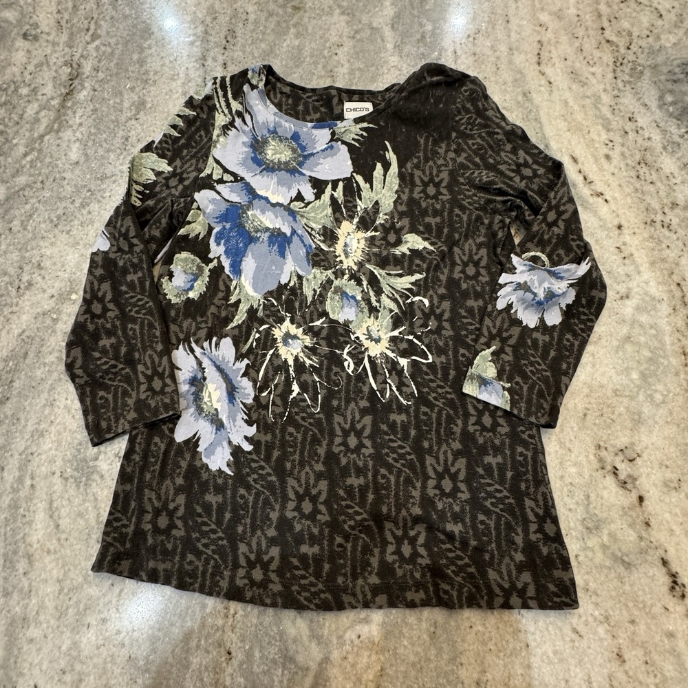 Chico's Size 1 Small Top Black Blue Floral 3/4 Sleeve Casual Cotton Office Resor
